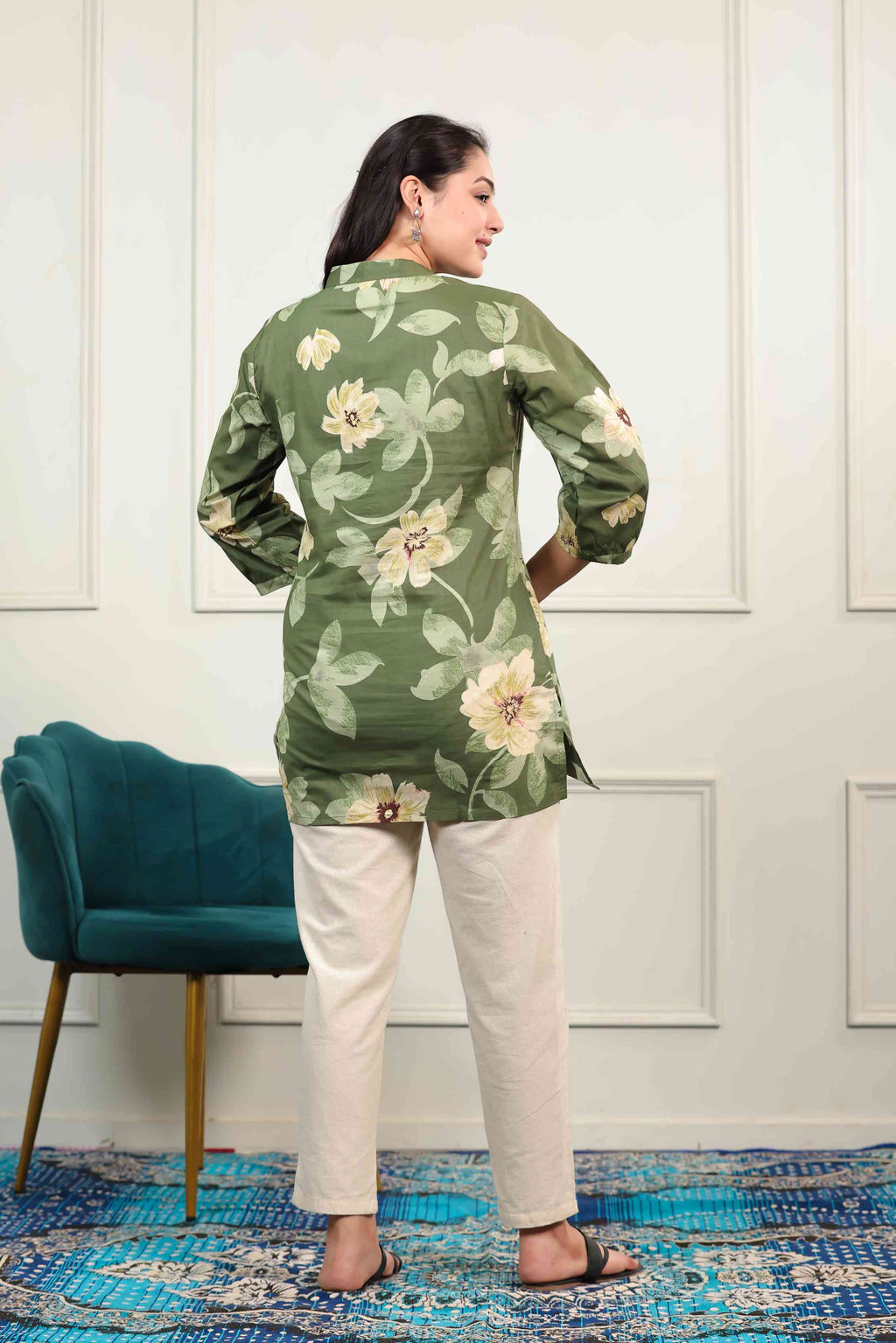 Green Cambric Cotton with Flower Printed Short Kurti