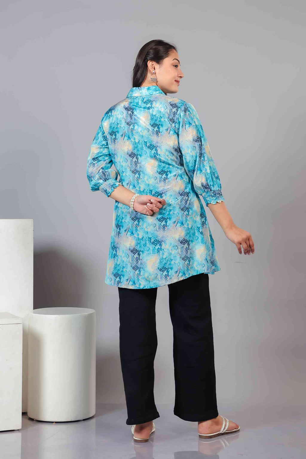 Rama Blue Crepe Printed Short Kurti