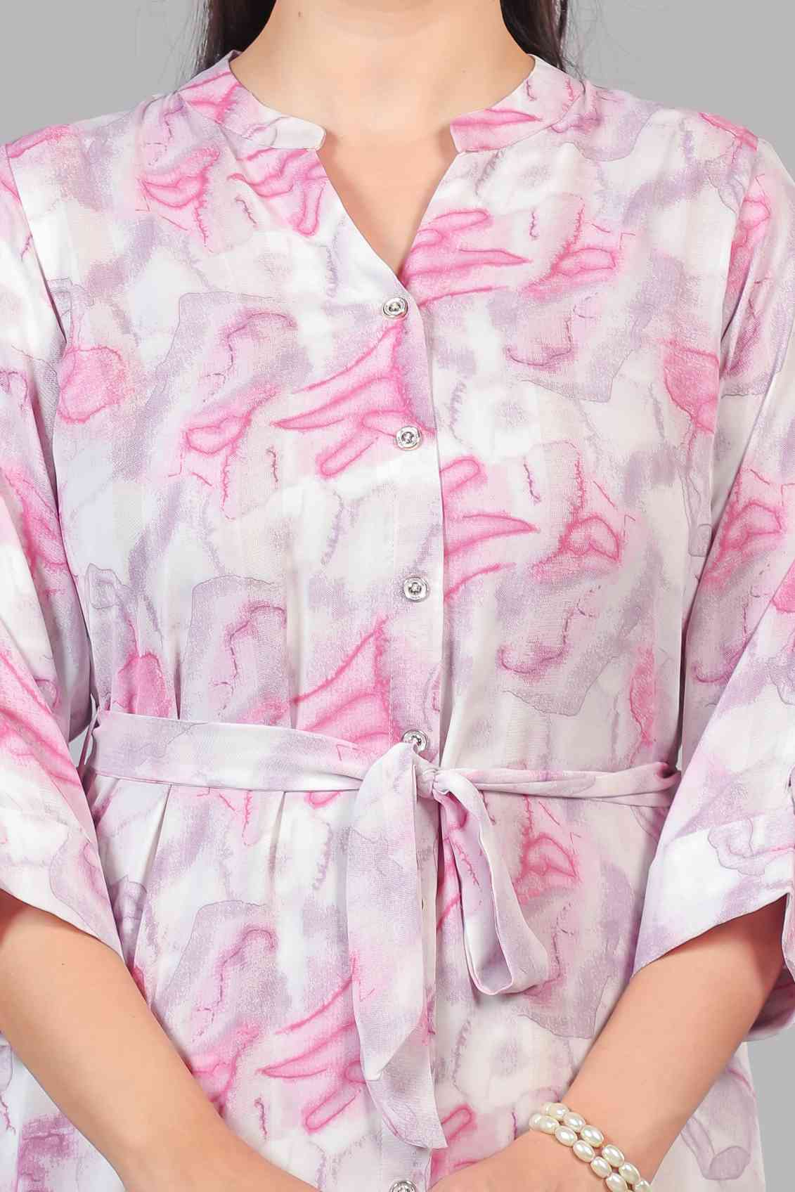 White Lycra with Baby Pink Printed Maxi Dress