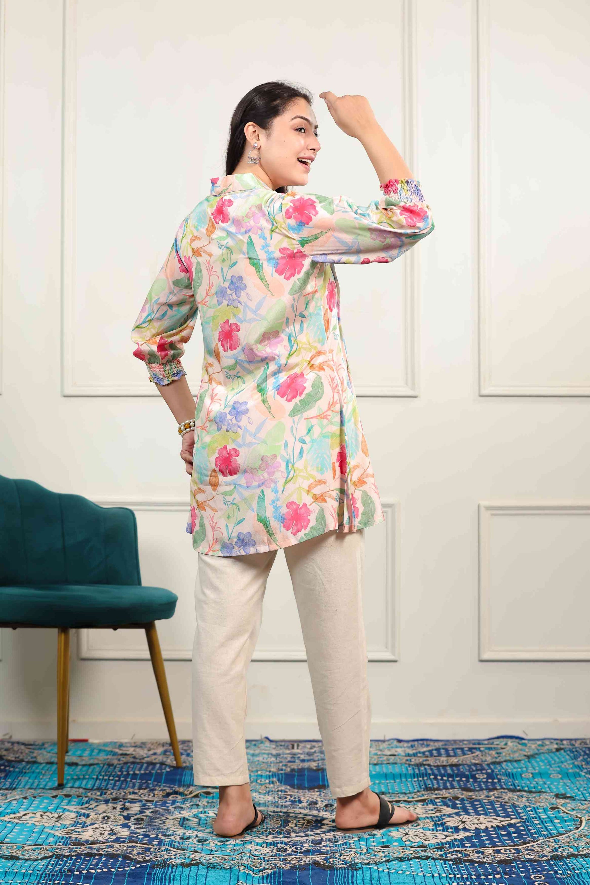 Peach Crepe Multicolor Floral Printed Short Kurti