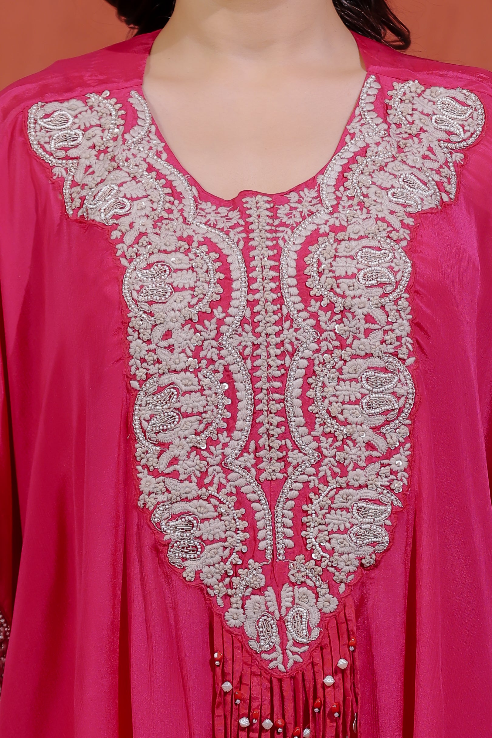 Rani Pink Chinon Silk Kaftan with Thread Embroidery, Blouse & Palazzo