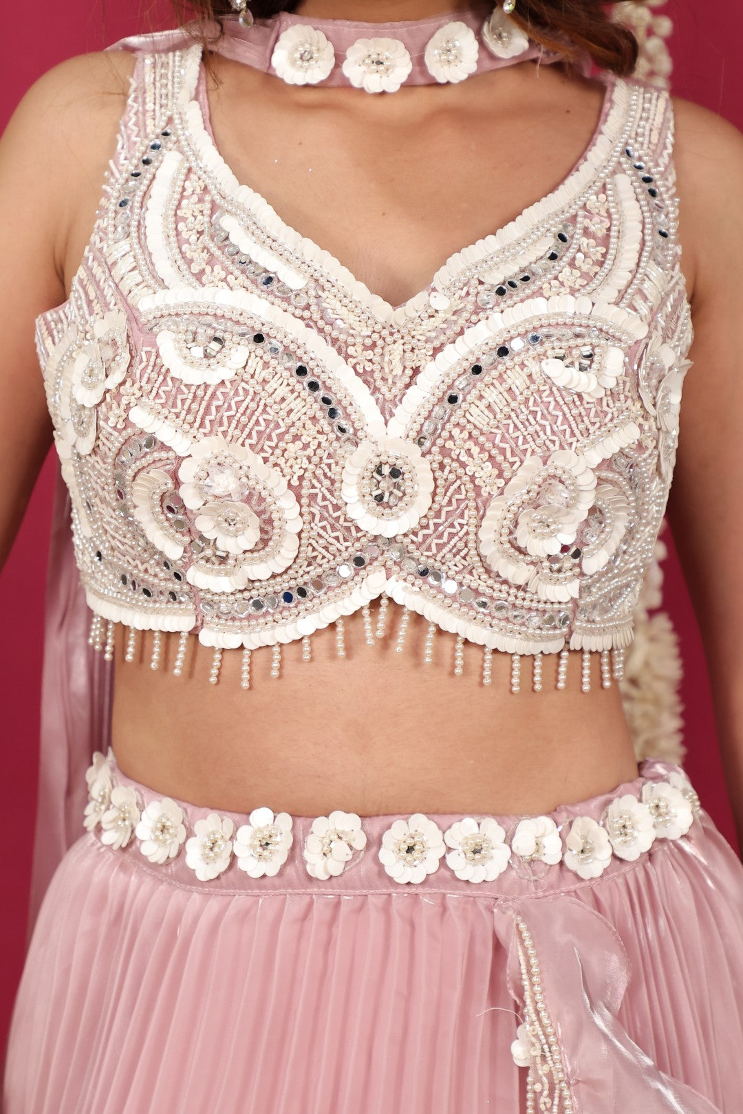 Baby Pink Burberry Net Lehenga with Pearl & CP Handwork Blouse & Attached Dupatta