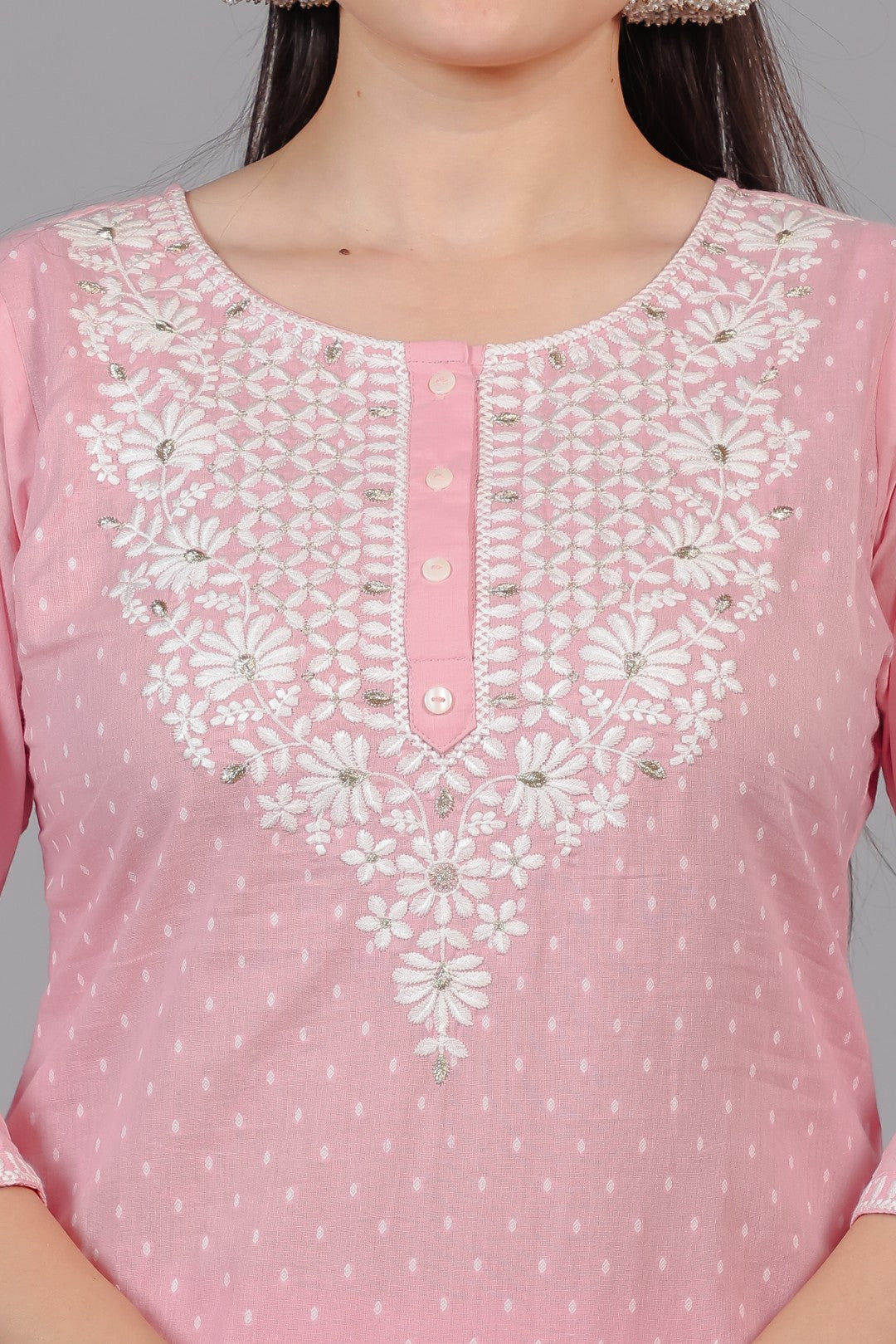 Baby Pink Cotton Suit with Thread Work, Bottom & Dupatta