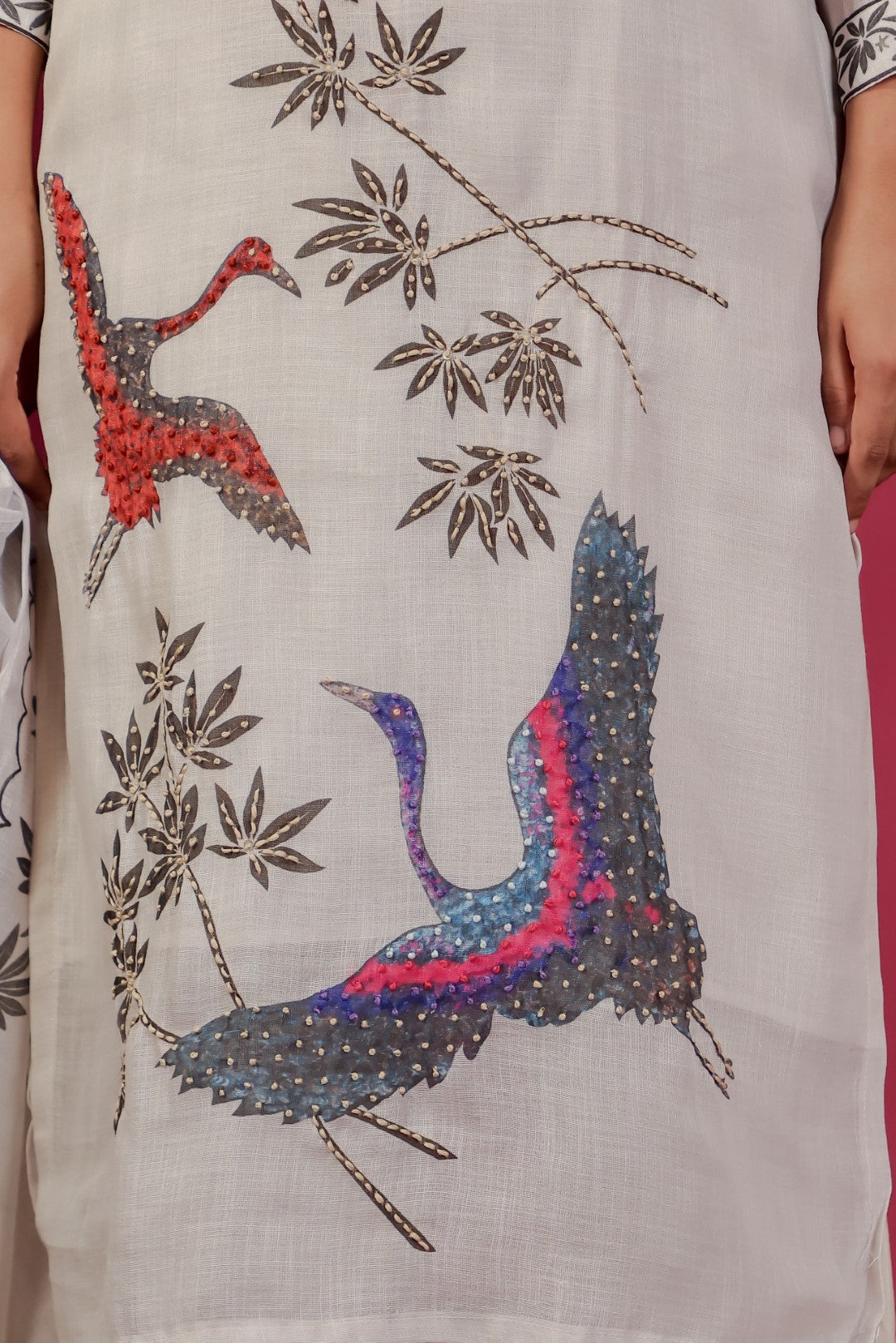 Off White Jute Linen Suit with Duck Print & Lucknavi Work, Bottom & Dupatta