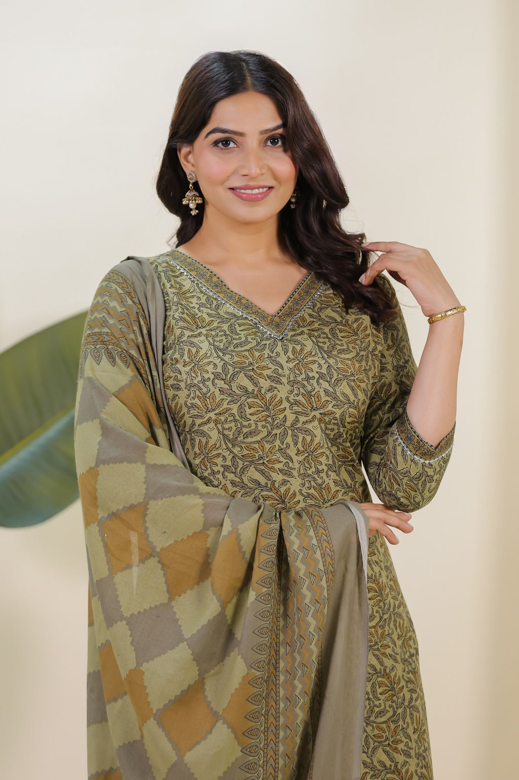 Baby Green Slub Cotton Printed Top with Matching Bottom & Dupatta