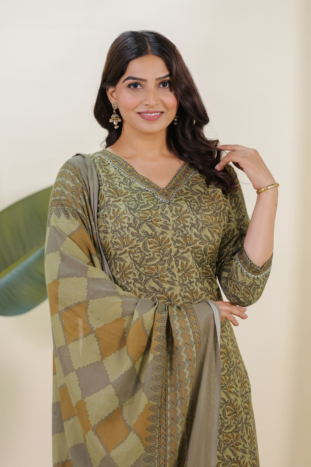 Baby Green Slub Cotton Printed Top with Matching Bottom & Dupatta