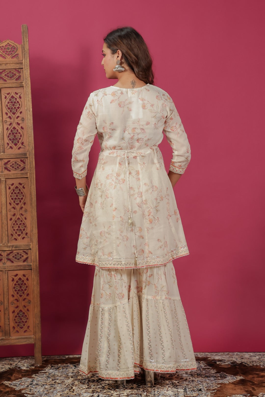 Off White Mulmul Cotton Foil Printed Suit, Sharara & Dupatta