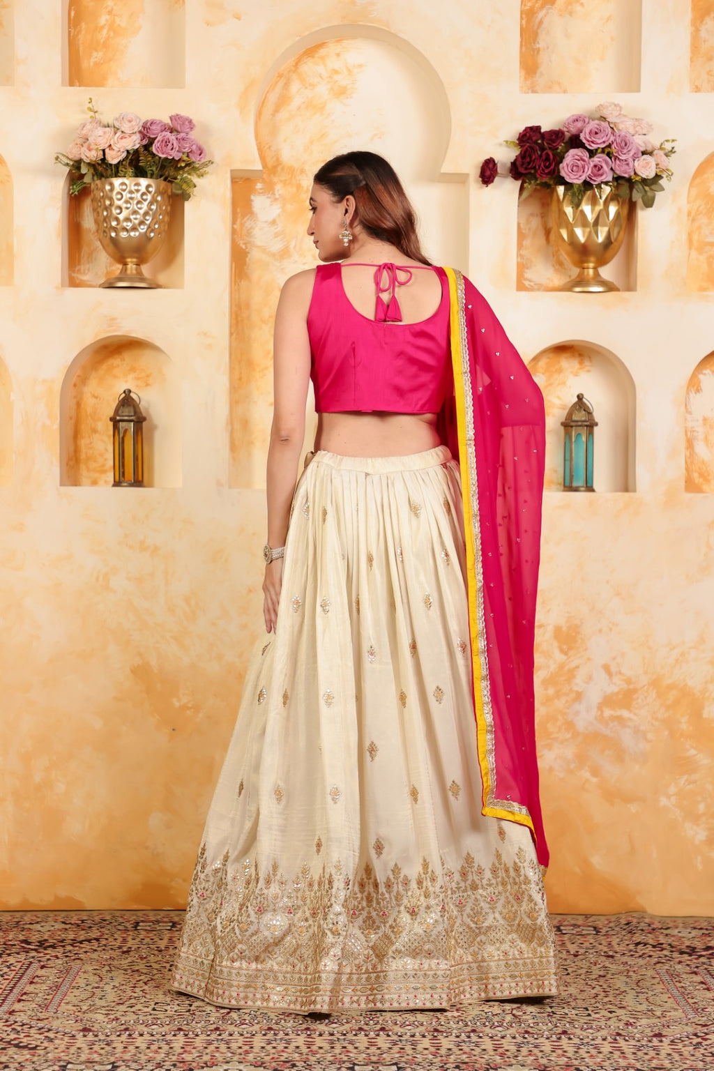 Rani Pink Dola Silk Blouse with Zari Mirror Work, Gotta Zari Work Lehenga with Dupatta