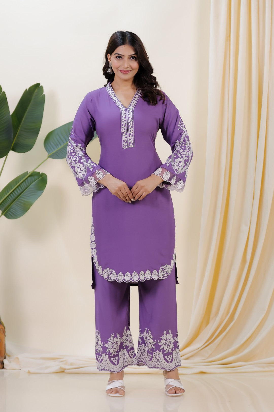 Lavender Rayon Cotton Suit with Thread Work, Palazzo Dupatta