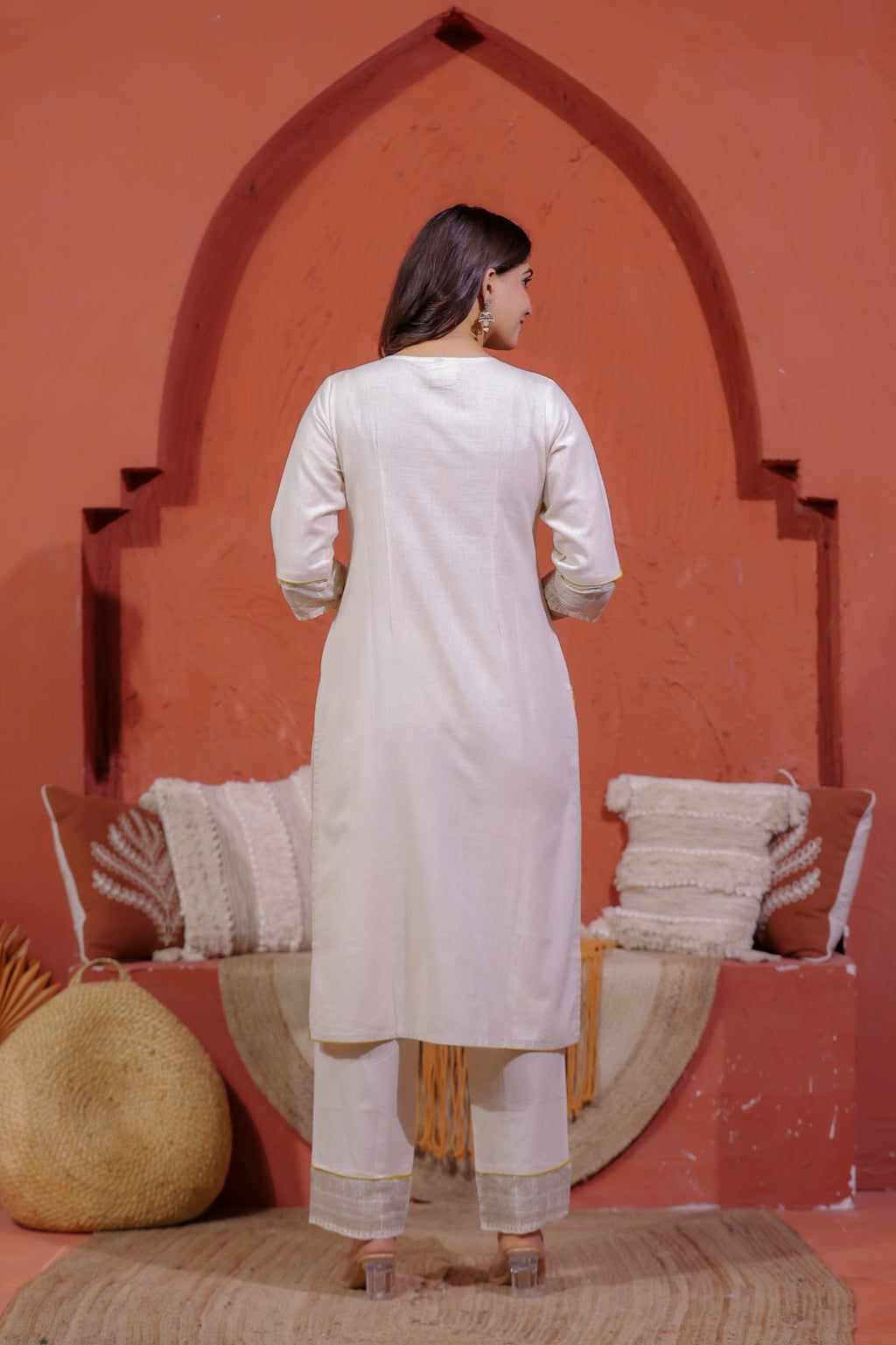 Off White Khadi Cotton Suit with Embroidered, Bottom & Dupatta