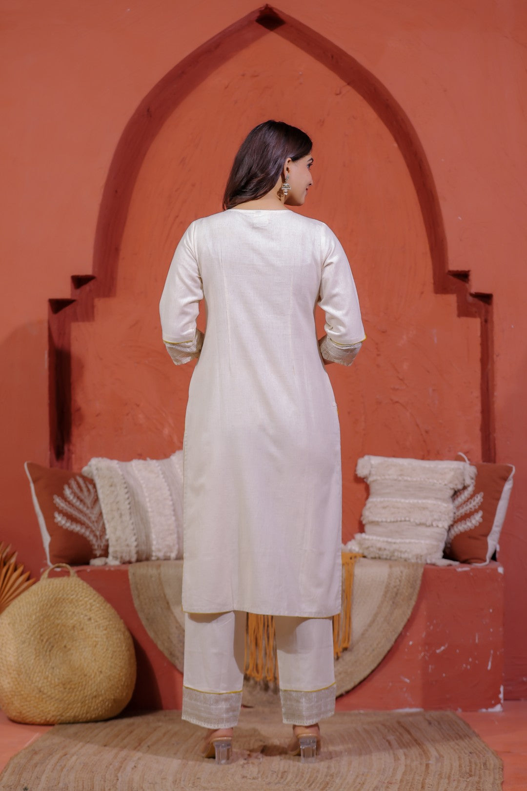 Off White Khadi Cotton Suit with Embroidered, Bottom & Dupatta