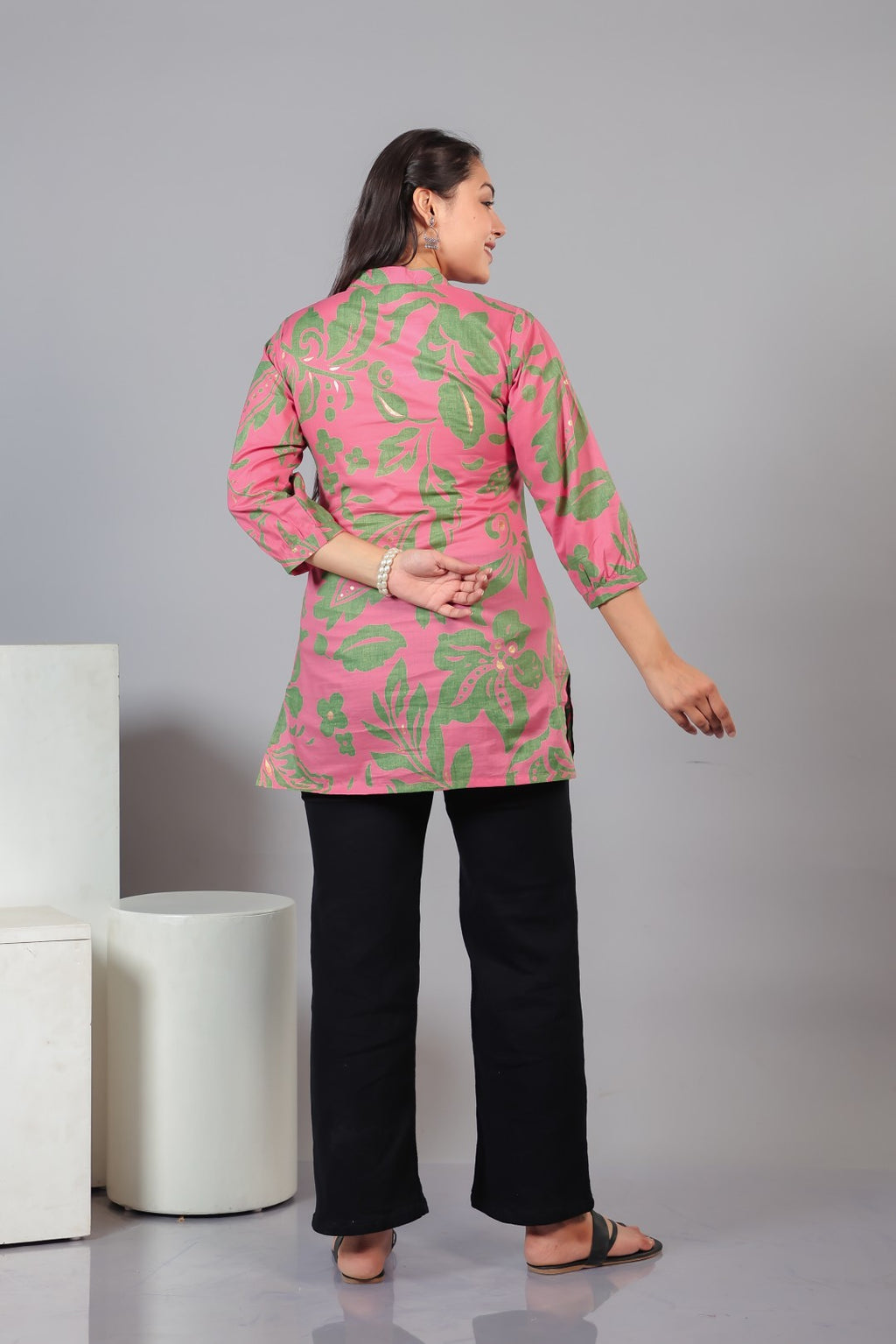 Pink Cambric Cotton Floral Printed Short Kurti