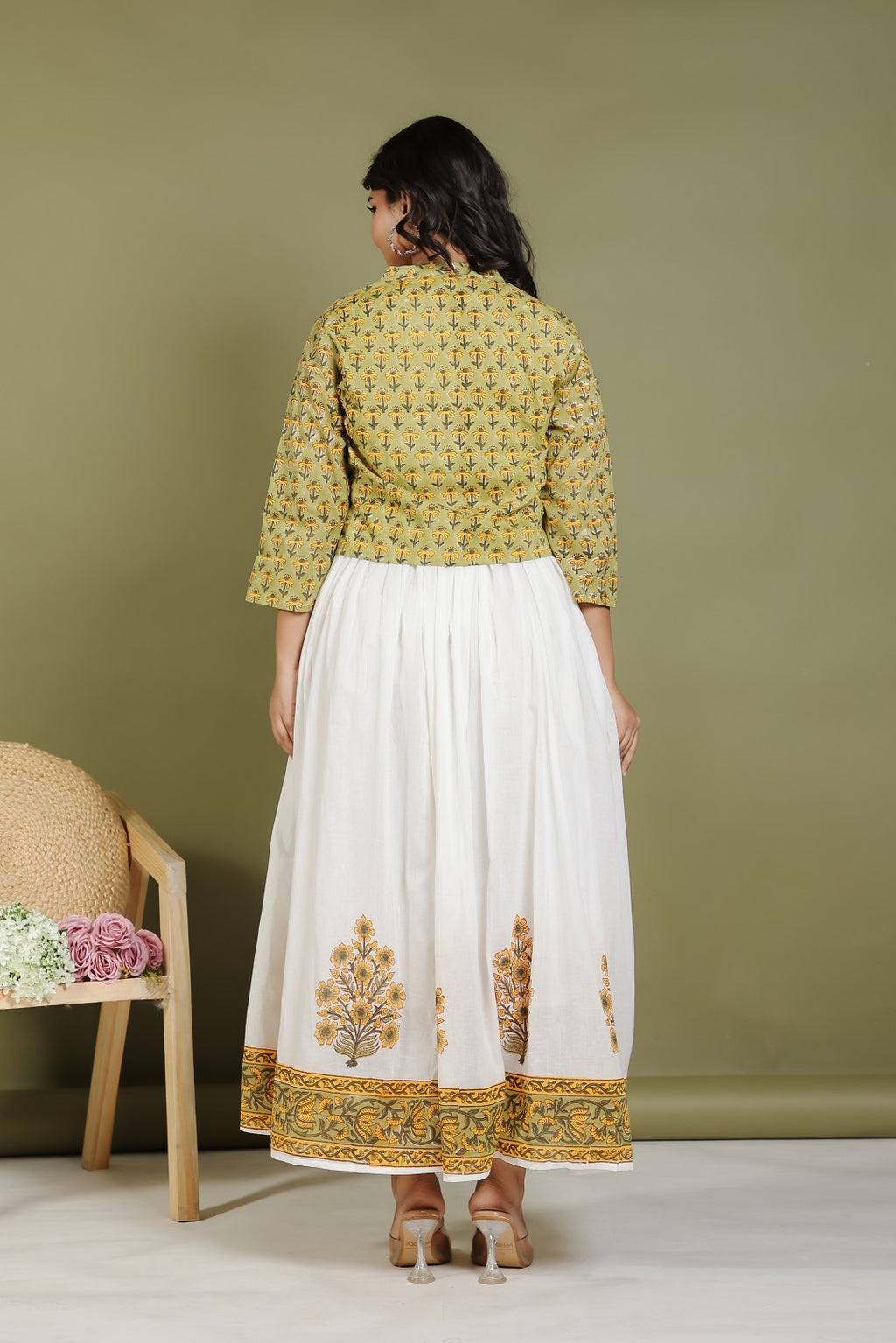 Offwhite Mulmul Cotton Suit with Pista Green Hand Block Sanganeri Print and Jacket