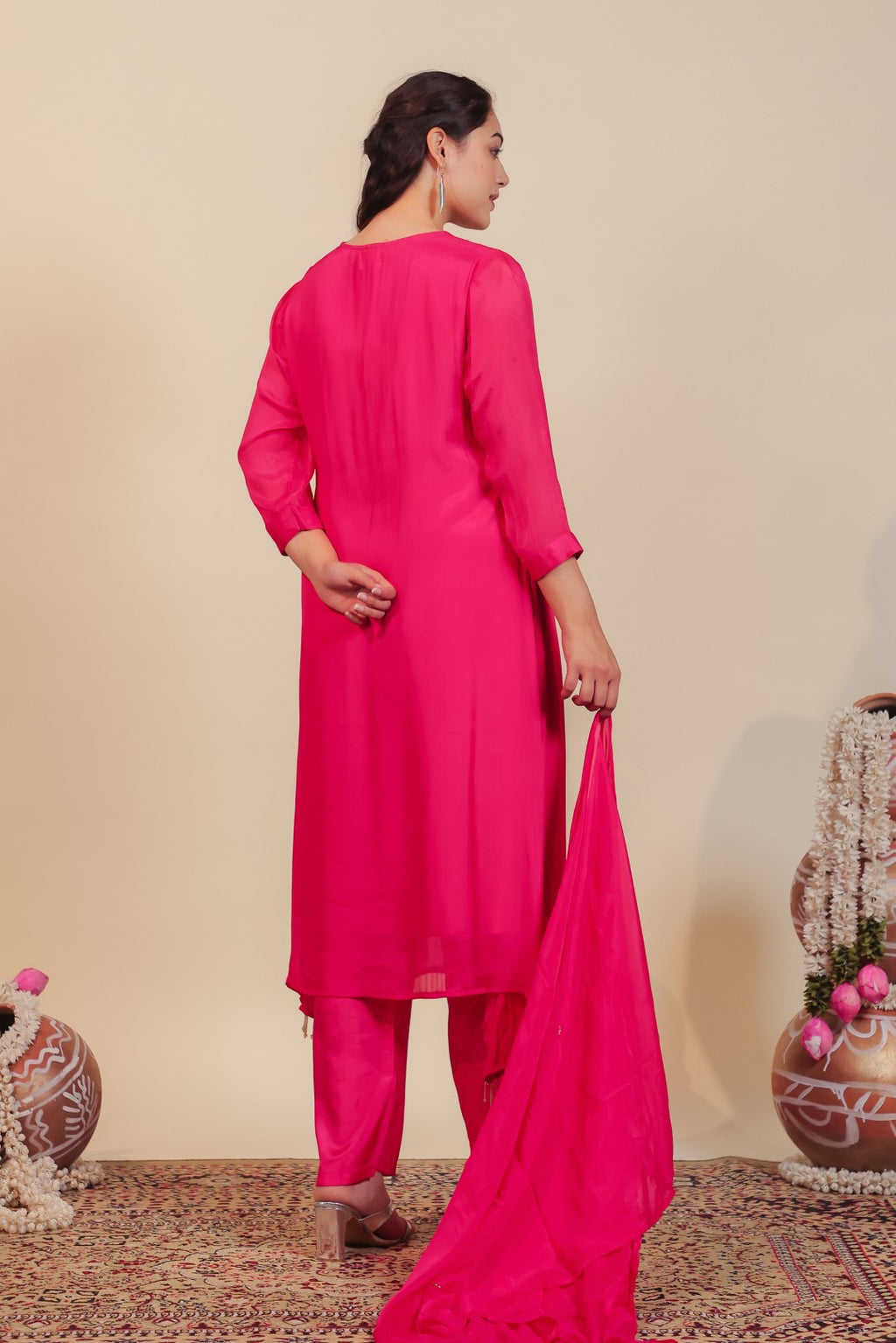 Rani Pink Chinon Suit with Handwork, Bottom & Dupatta