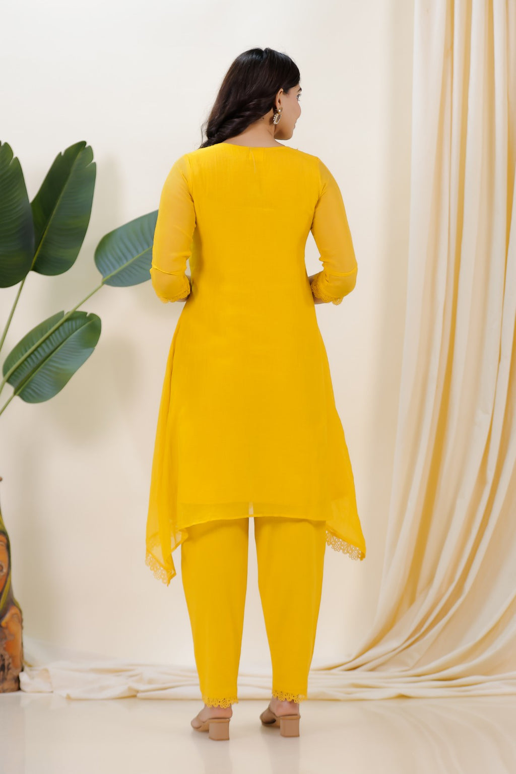 Yellow Mosh Chanderi Suit with Kashmiri Work, Pant & Dupatta