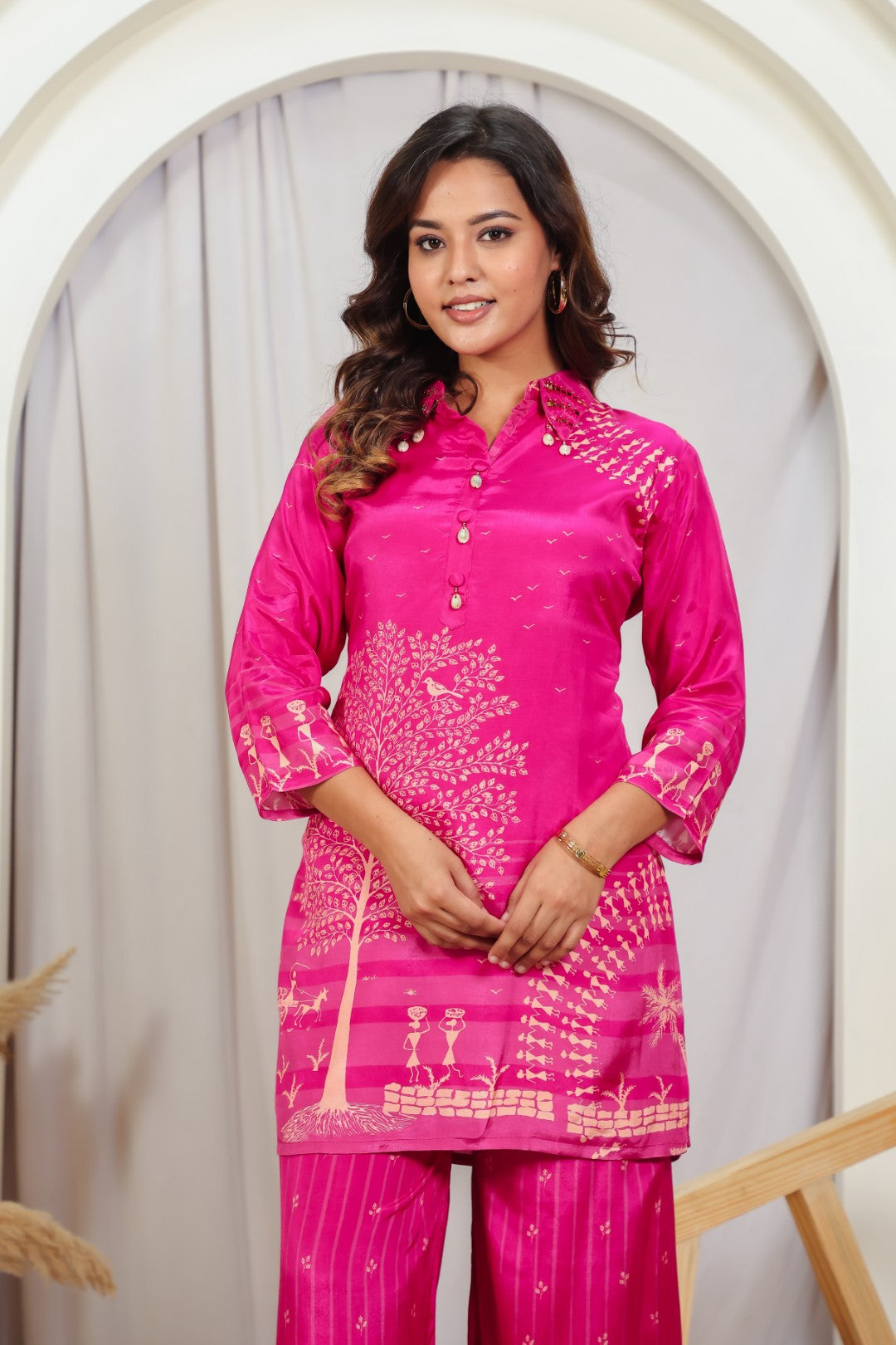 Rani Pink Silk with Tree Printed Co-ord Set