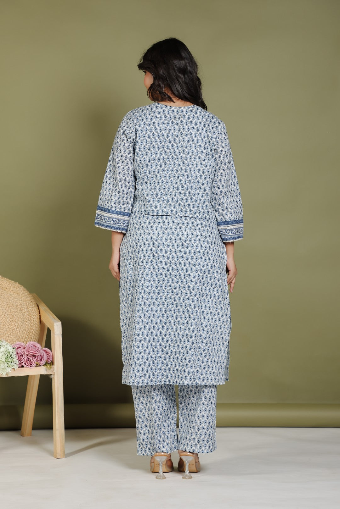 Offwhite Cotton Suit with Blue Prints and Paired With a Matching Jacket & Pant