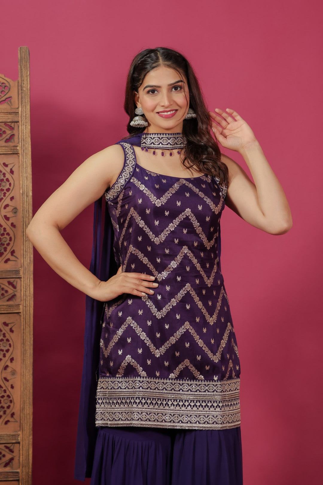 Purple Ho Silk Banarasi Top with Zari Work, Sharara & Dupatta