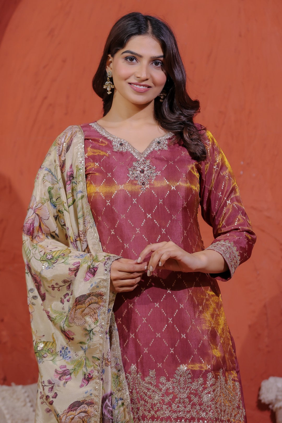 Reddish Brown Mosh Silk Suit with Banarasi Work,Sharara & Dupatta