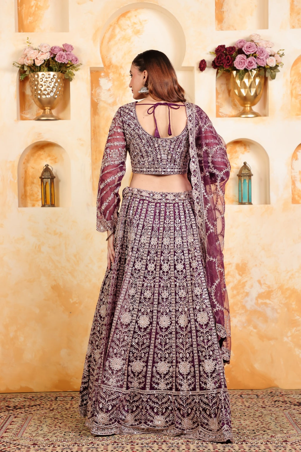 Wine Net Blouse with Full Zari, Mirror & Stone Work, Lehenga & Dupatta