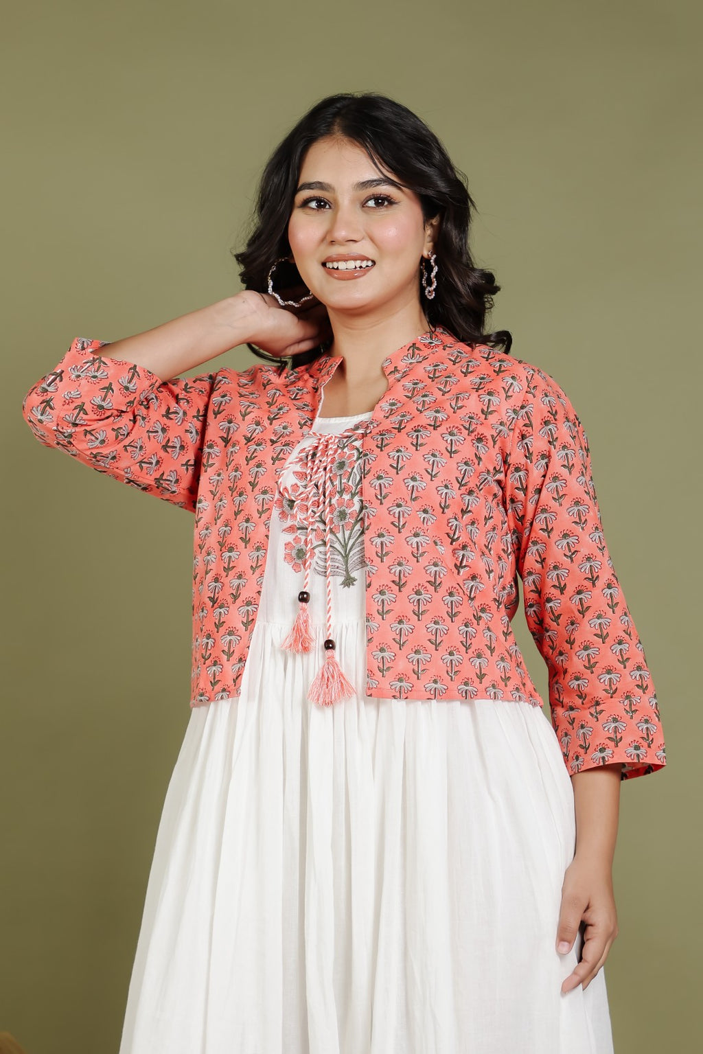 Offwhite Mulmul Cotton Suit with Hand Block Sanganeri Print and Rust Grey Hand Block Sanganeri Printed Jacket