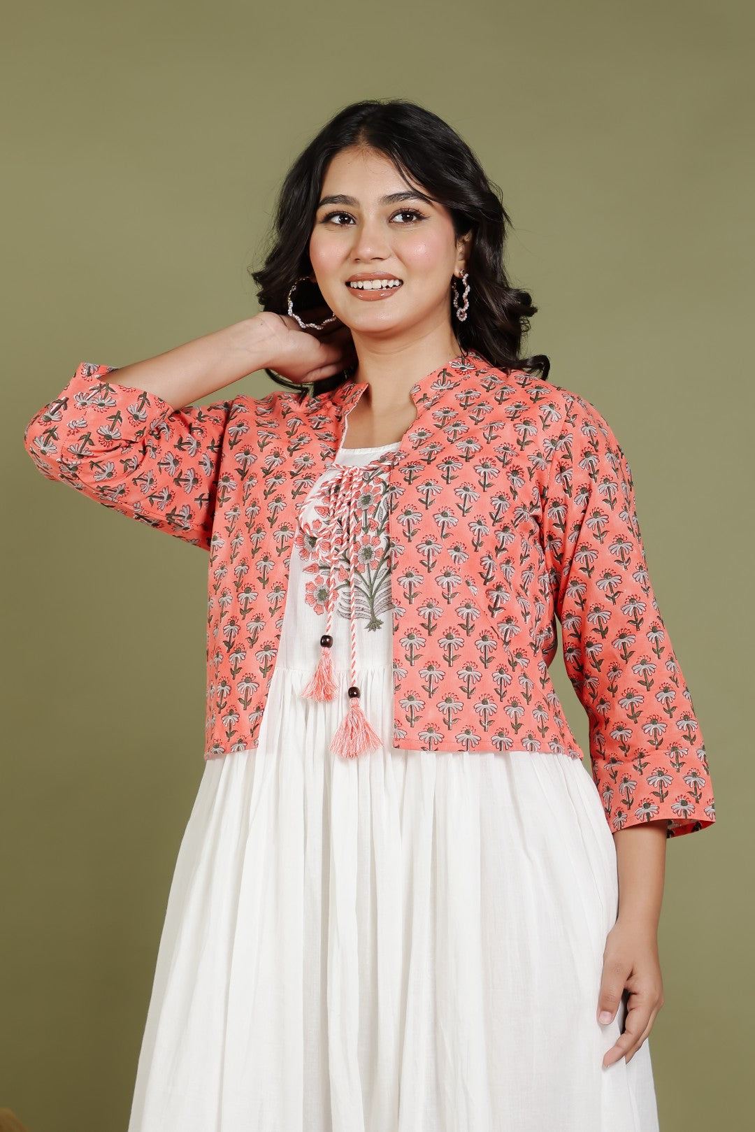 Offwhite Mulmul Cotton Suit with Hand Block Sanganeri Print and Rust Grey Hand Block Sanganeri Printed Jacket