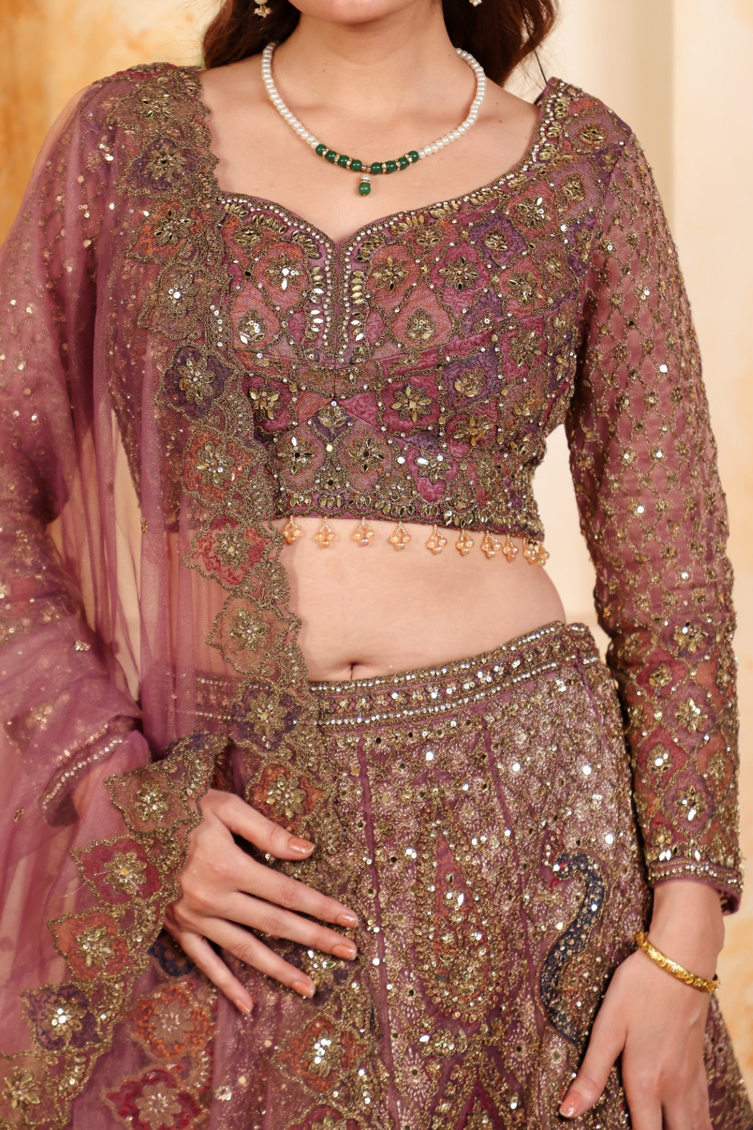 Dried Lavender Twill Net Lehenga with Heavy Zari Work, Blouse & Dupatta