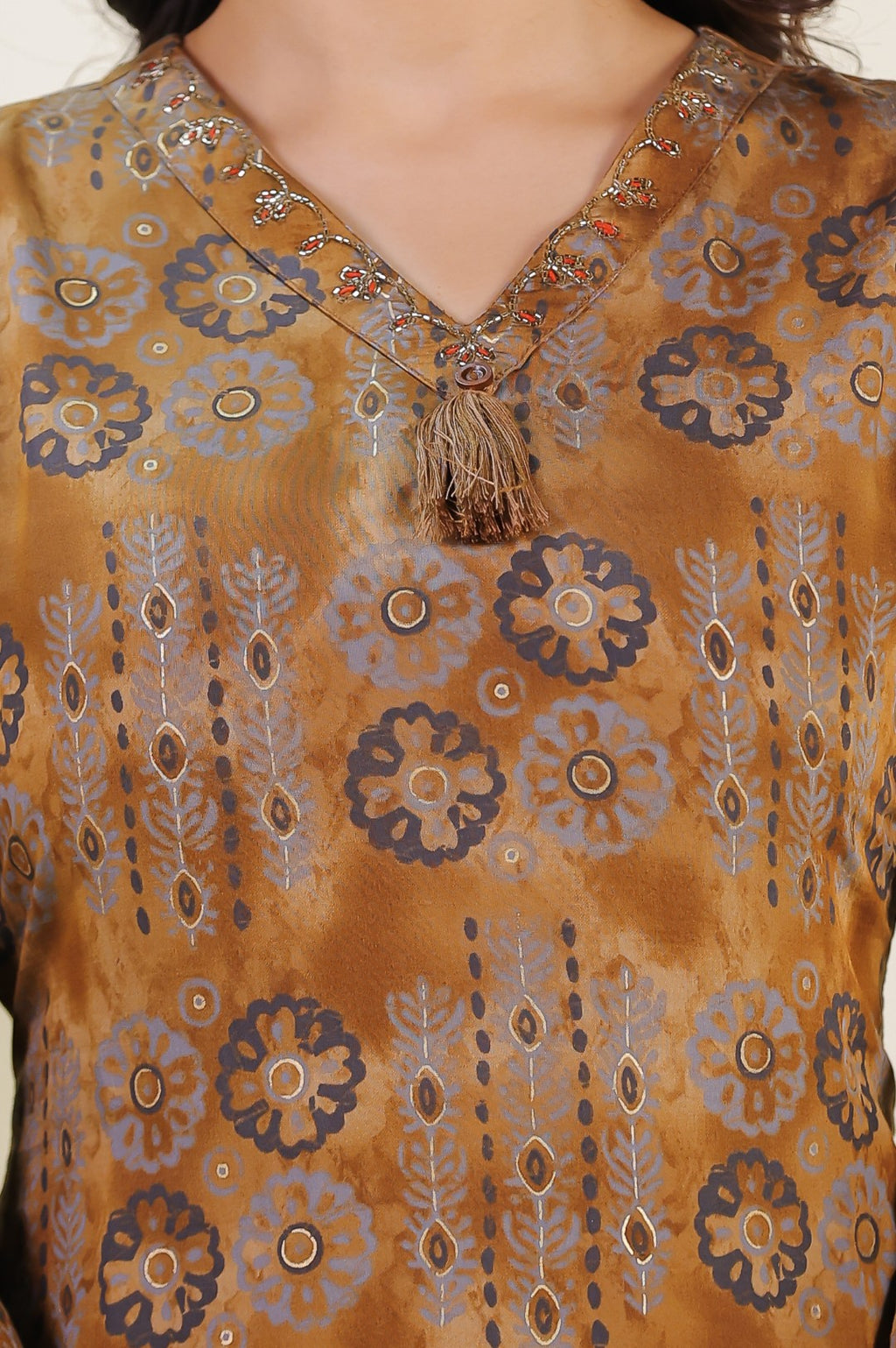 Brown Muslin Printed Suit with Piping Neck Work, Bottom & Dupatta