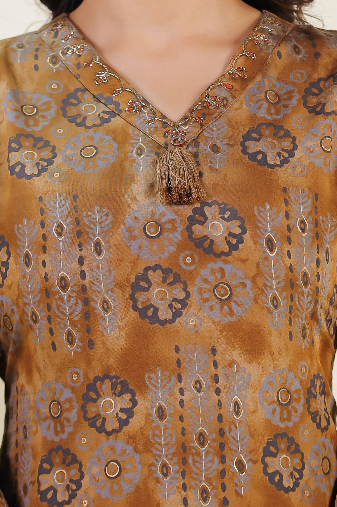 Brown Muslin Printed Suit with Piping Neck Work, Bottom & Dupatta