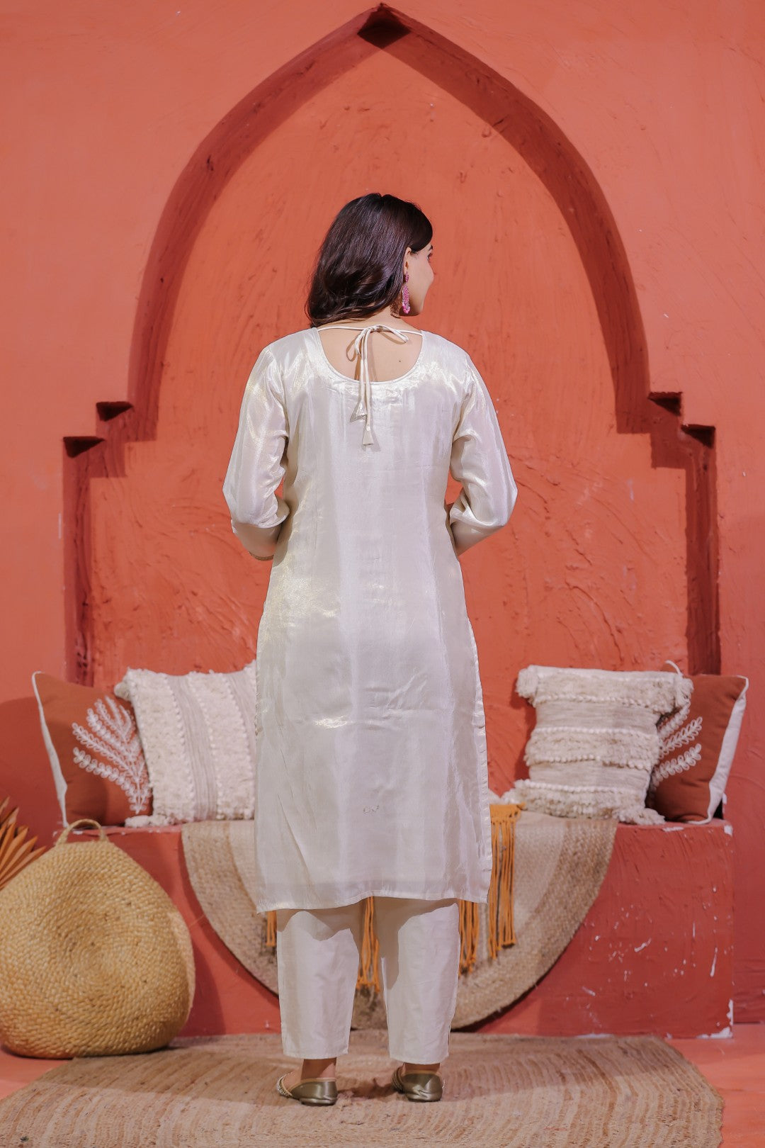 Off White Mosh Silk Suit with Banarasi Work, Pant & Dupatta