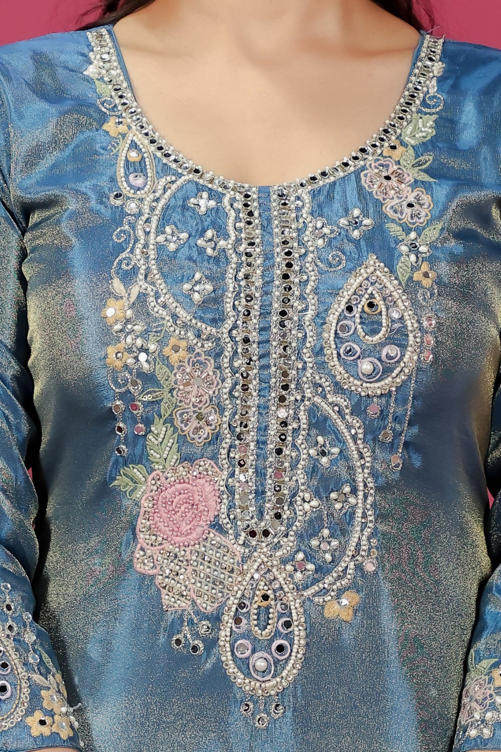 Diesel Blue Mosh Silk Handwork Suit, Palazzo & Dupatta