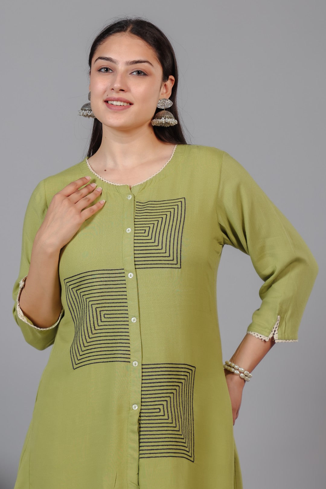 Pista Green Rayon Top with Thread Work Co-ord Set