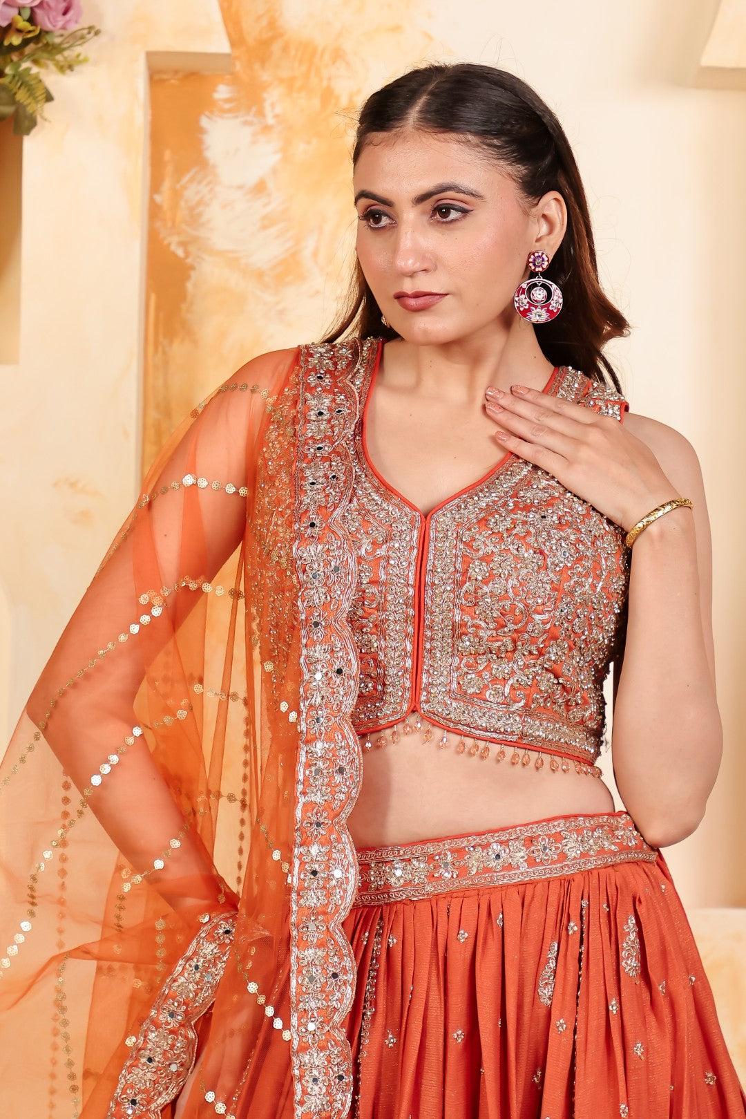 Rust Simmer Chinon Lehenga Zari work with Matching Blouse & Net Dupatta