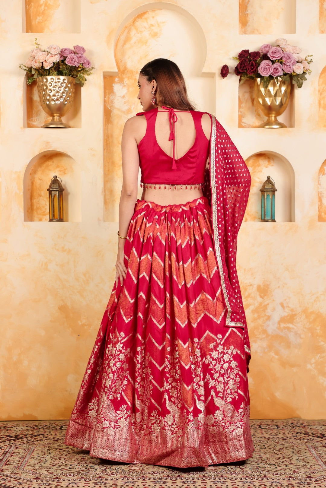 Rani Pink Dola Silk Blouse with Zari Work, Lehenga & Dupatta