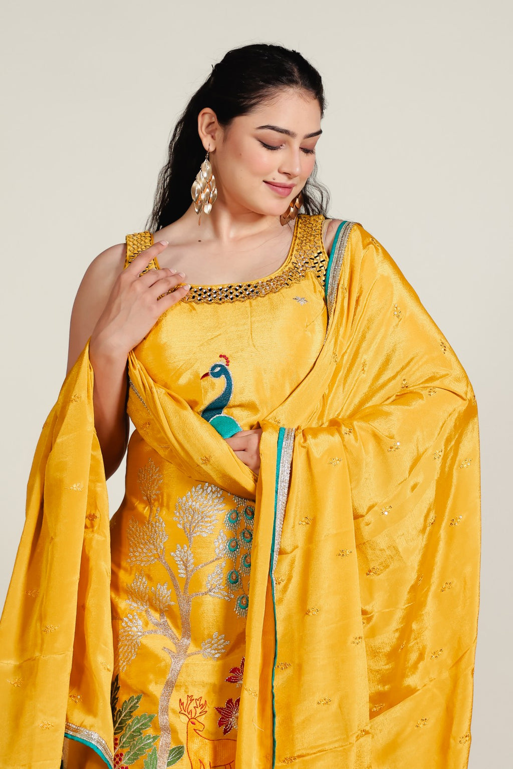 Mustard Yellow Chinon Suit with Peacock Zari Work, Sharara & Dupatta