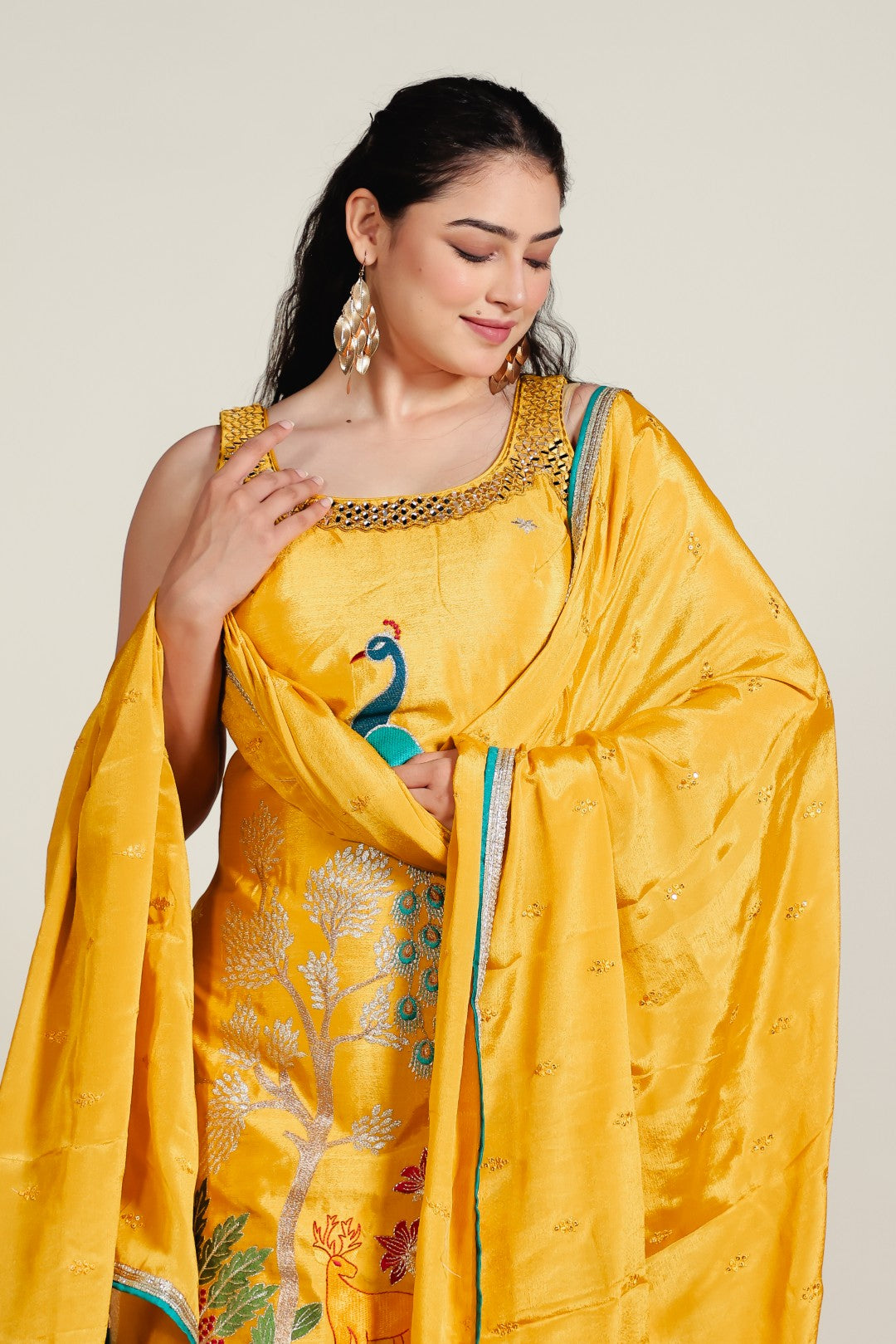 Mustard Yellow Chinon Suit with Peacock Zari Work, Sharara & Dupatta