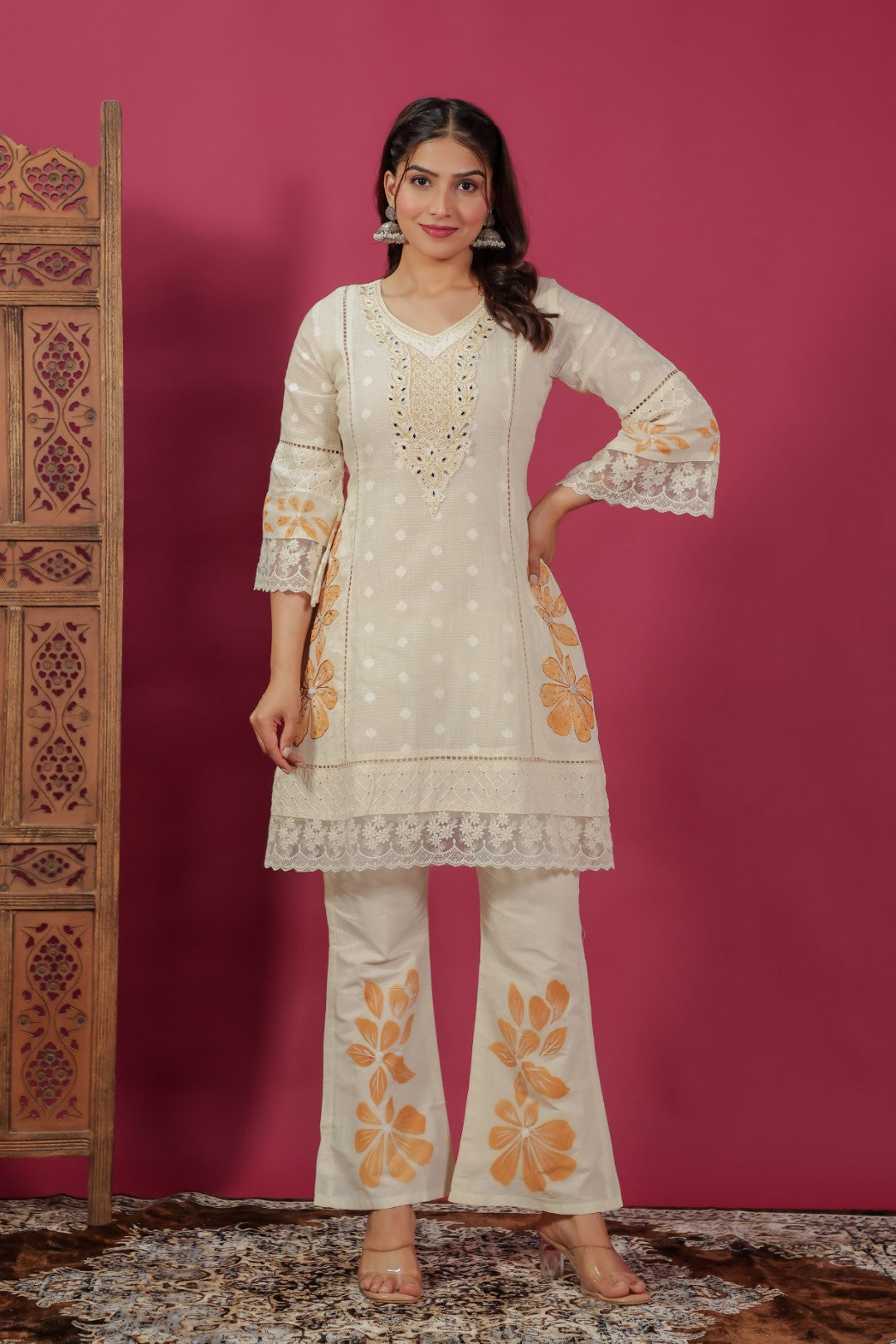 Off White Cotton Chikankari Handwork Co-ord Set with Dupatta