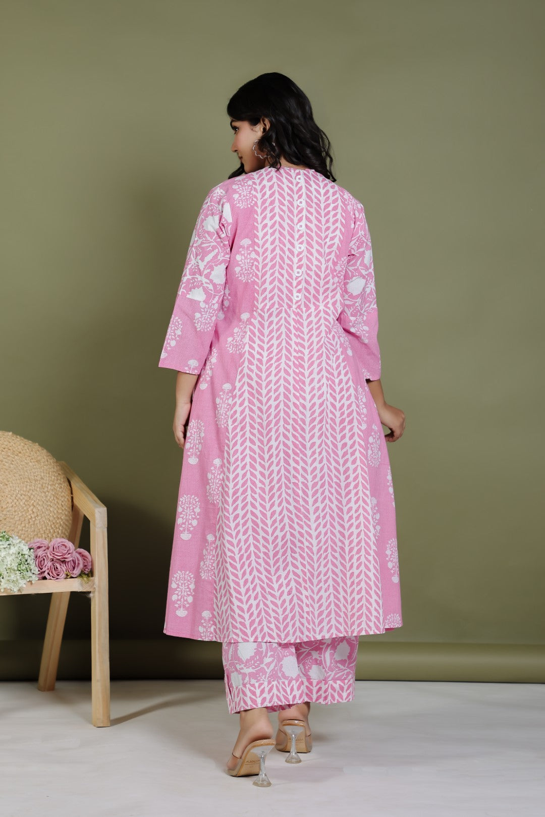 Pink Cambric Cotton Jacket Shrug with White Prints, and Paired with Matching Blouse & Pant