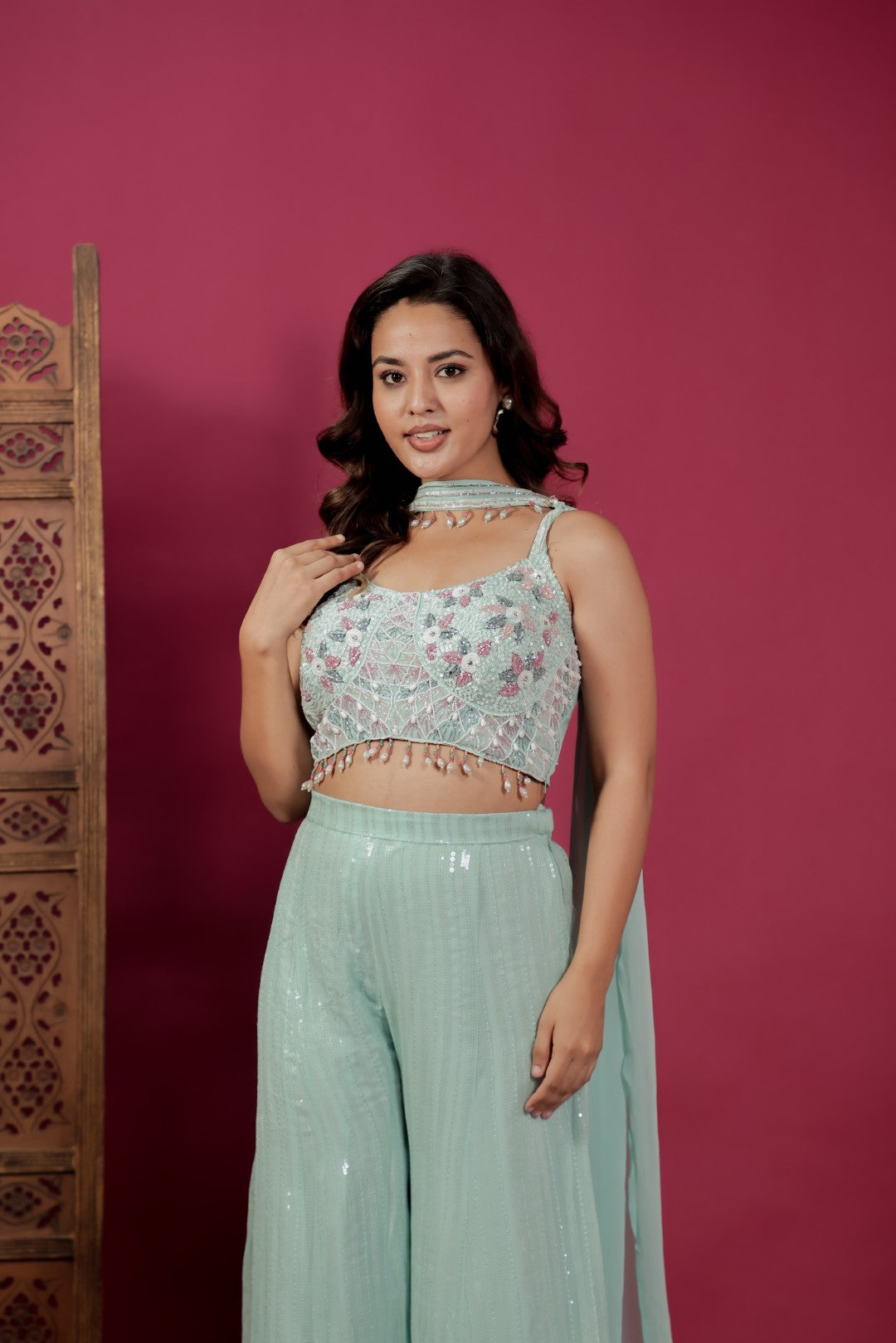 Sea Green Georgette Palazzo Set with Full Sequin Handwork Blouse & Dupatta