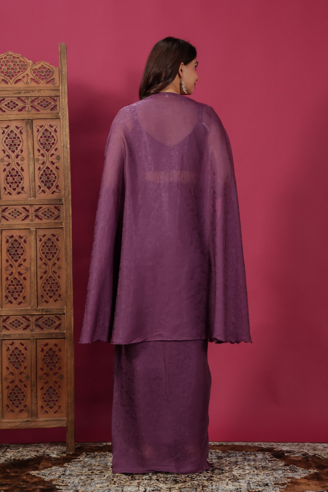 Purple Mosh Silk Jacquard Dhoti Set with Handwork Blouse & Shrug