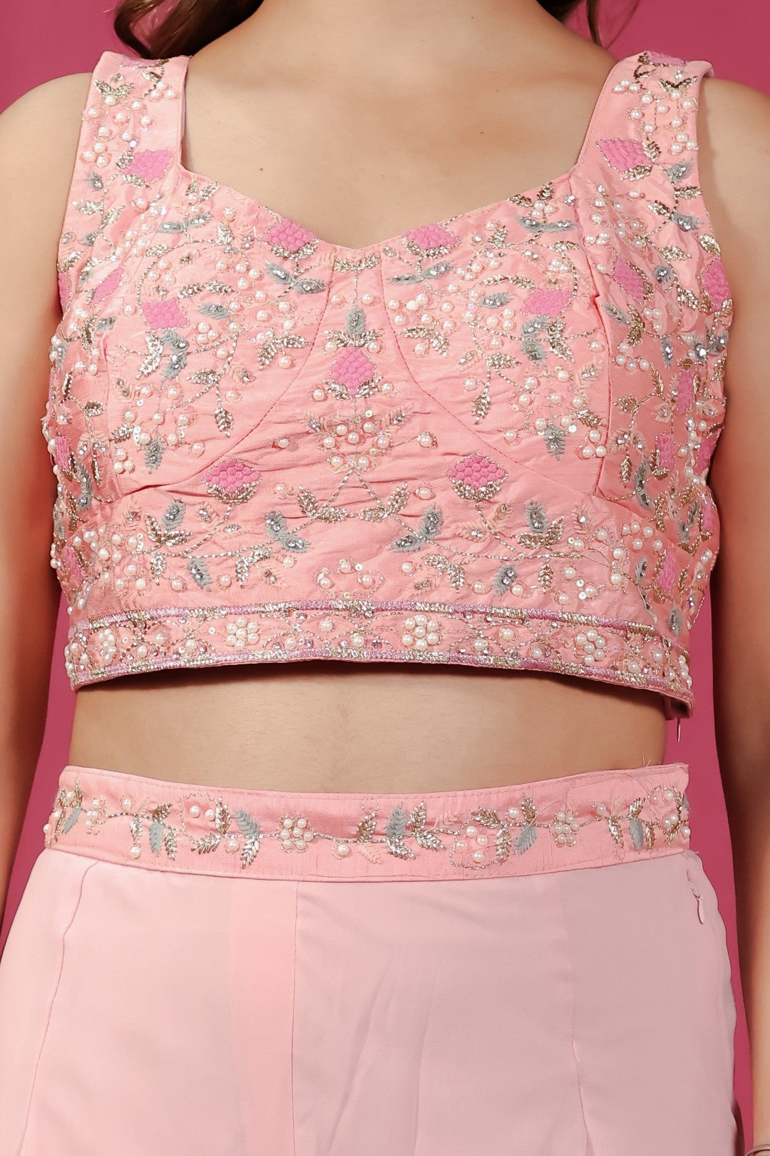 Peach Silk & Georgette Blouse with Zari Stone Work, Sharara & Shrug