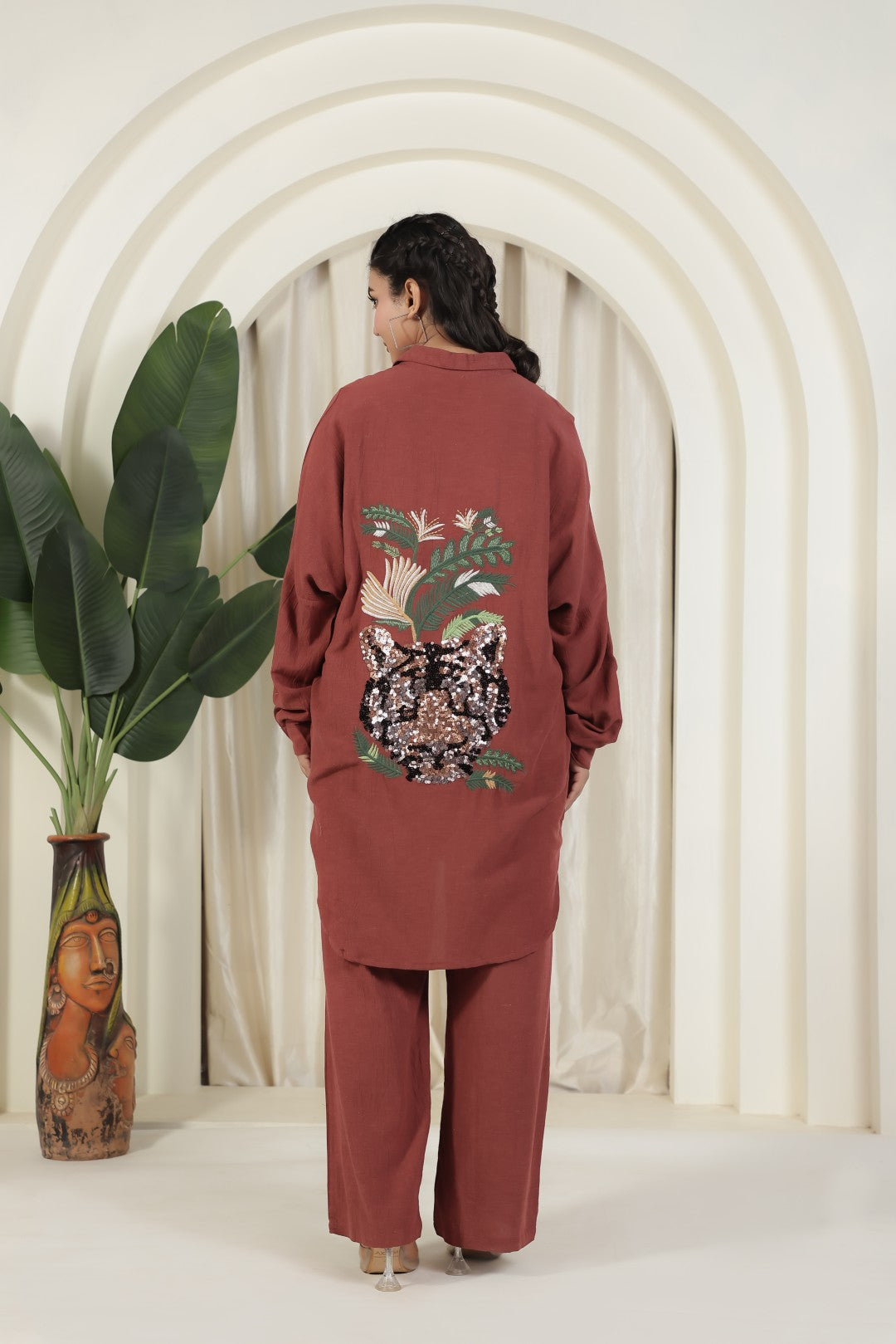 Rusty Brown Wrinkled Cotton Top with Back Thread & Sequence Work with Matching Pant