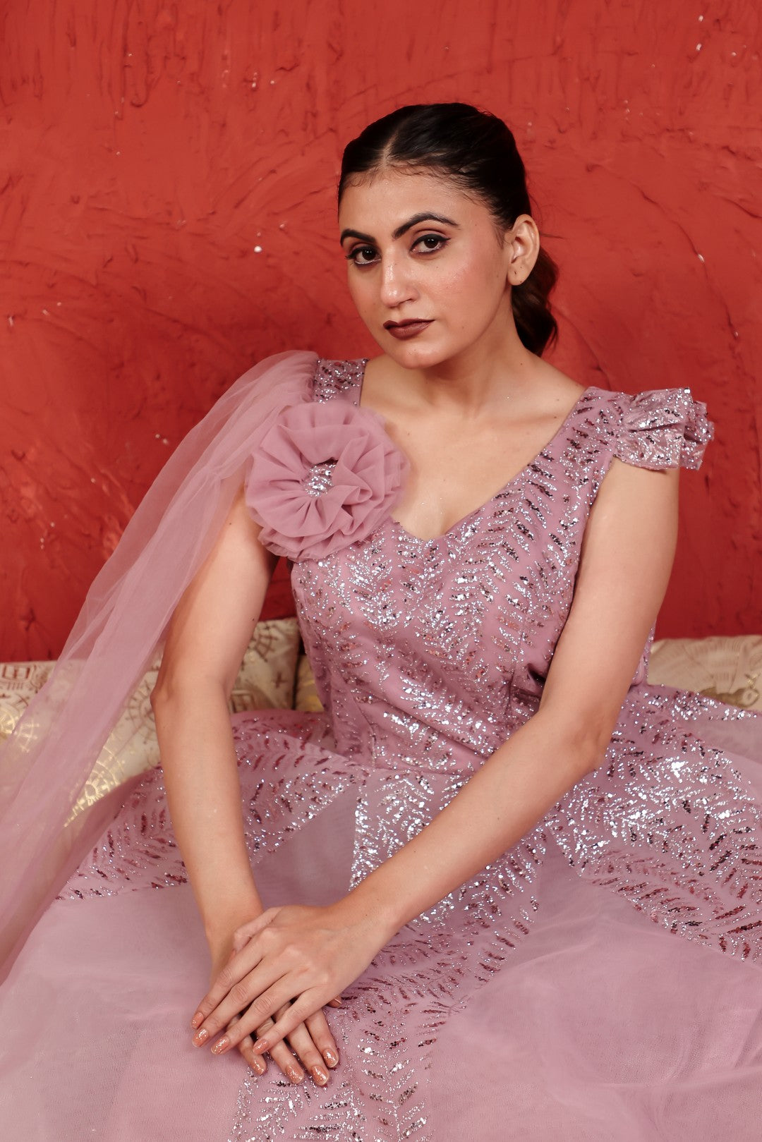 Baby Pink Net Gown with Sequin Work & Attached Dupatta
