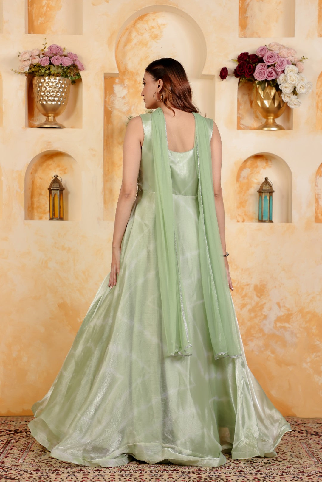 Mint Green Jimmy Choo Gown with Stylish Handwork & Net Dupatta