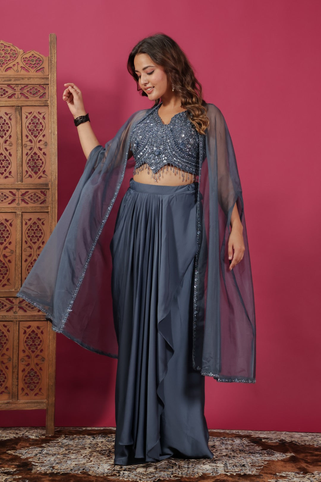 Dark Blue Grey Satin Dhoti Set with Handwork Blouse & Shrug