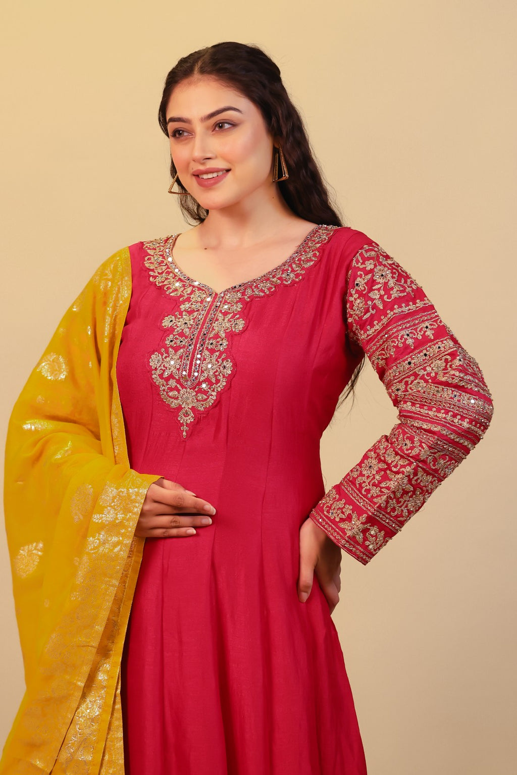 Rani Pink Vichitra Silk with Zari Work Gown & Dupatta