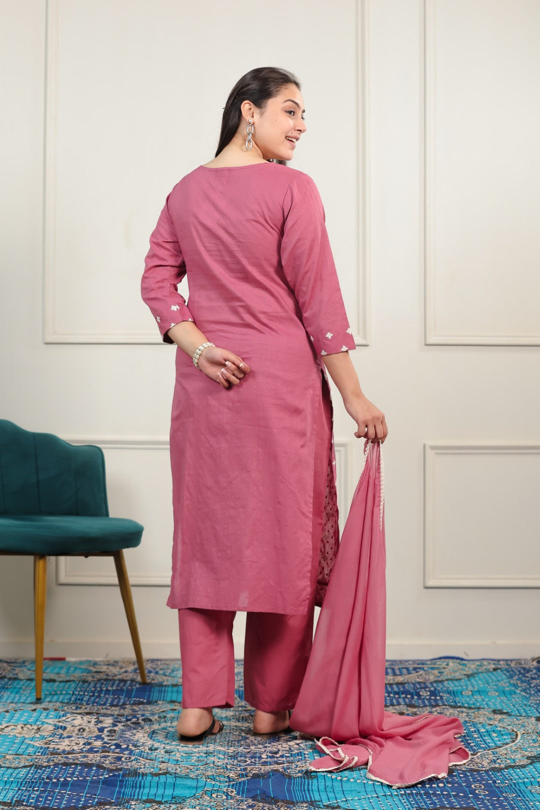 Rose Pink Cotton Suit with Fine Thread Work, Bottom & Dupatta