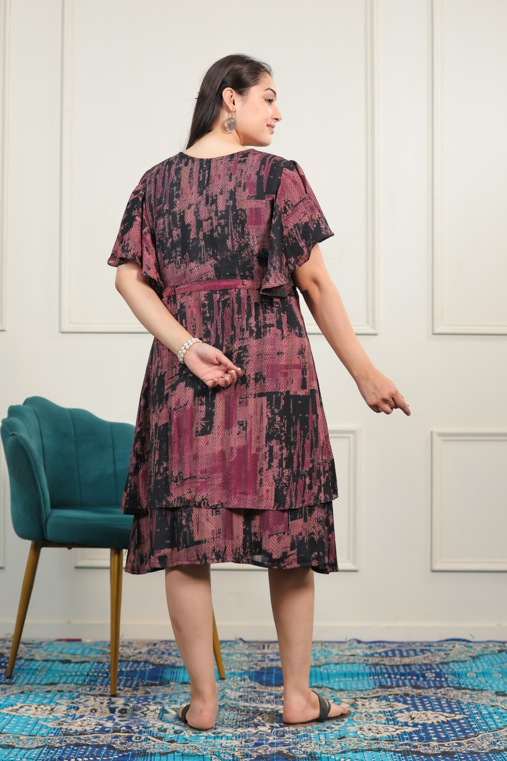 Black Lycra Printed Midi Dress