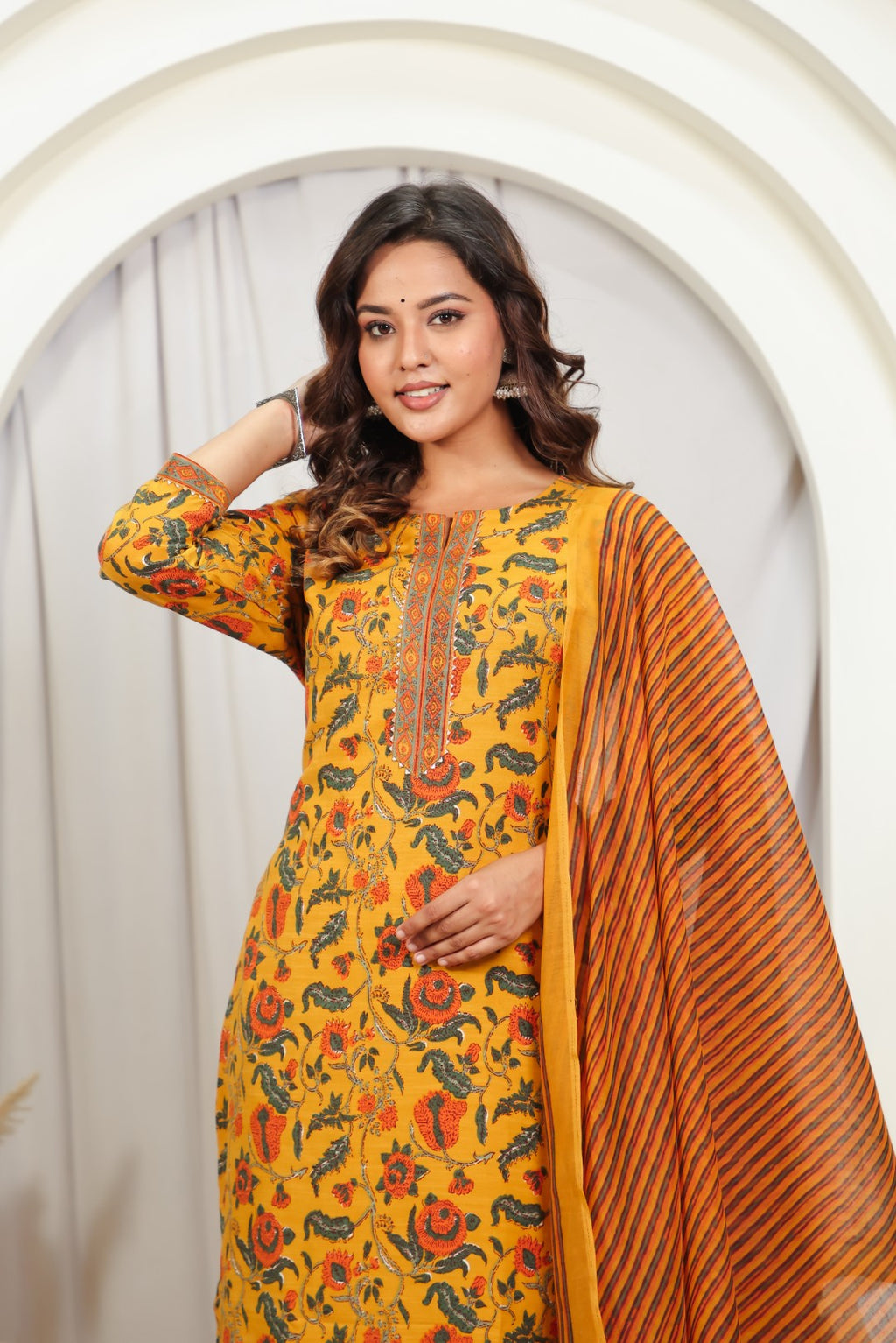 Mustard Yellow Slub Cotton Floral Printed Suit, Bottom & Dupatta