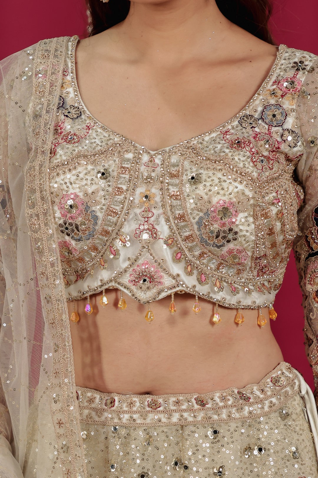 Off White Net Lehenga with Heavy Embroidery and Matching Blouse & Dupatta